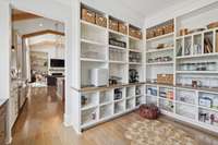 Working pantry off of the kitchen with shelving galore