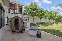 Lower patio off walk out basement den, Sauna and Cold Plunge Tub remain.