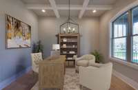 Virtually Staged Office adorned with coffered ceiling and lots of natural light.