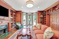 View of the library to the back patio - with french doors.