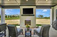 Back covered porch with brick fireplace