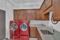 Generously sized laundry room with maple cabinetry, granite countertops and large sink. This room leads to the one-car garage and houses the structured wiring system for CAT6, security system (Sympsire), media enclosure, and network panel.