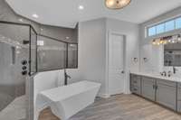 Another view of the primary bathroom. The transom window brightens this room with natural light, creating three layers of lighting for getting ready every day!