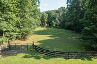 One of two front pastures, split rail fencing