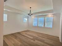 Primary bedroom has hardwood floors and a tray ceiling.