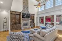 Built-Ins  on both sides of the 2 story Stone stacked Fireplace which is a striking architectural feature