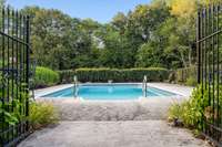 Beautiful Pool with mature shrubbery and wrought iron fence.