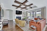 Coffered ceiling & hardwood floors in the great room