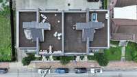 Closeup of the rooftops from above.