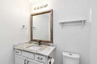 Renovated Hall Bathroom with granite counter top, vanity/cabinet, and new plumbing fixtures.