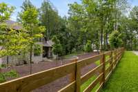 Property’s road frontage is lined with a quality four-rail, northern pine fence installed by Kowboy Fence Co. of Nashville