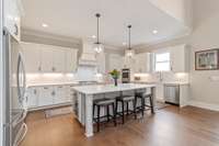 Custom Wellborn cabinets in Glacier White with Dove Gray island, Top of the line stainless steel appliances, Oversized walk-in pantry with wooden shelving, Cabinets include custom drawer pullouts (all soft close)