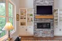 Gas fireplace built with natural Kentucky-quarried stone, provided and installed by Centurion Stone of Nashville