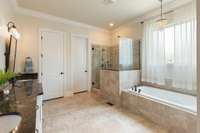 Primary suite with large shower, soaker tub, double vanities and updated lights and mirrors