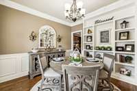 The formal dining room boasts built-in shelving perfect for displaying decor or china, along with elegant wainscoting and crown molding. 3128 Landview Dr.   Murfreesboro, TN 37128