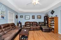 Living room- laminate flooring, trey ceiling, ceiling fan