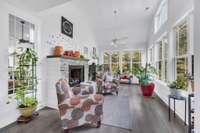 This vaulted sunroom with see thru fireplace, also, (Tennessee Limestone Hearth & Mantel) carries over from den has so much potential.  Tea Room, Green house, Day Room leading to covered back porch.  You choose.  Ceiling was completed with Shiplap.