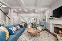 Coffered ceiling, fire place, plantation shutters....