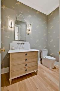 Main Level Powder Room with Restoration Hardware Vanity, Custom Quartz Counters/Backsplash, & Designer WallPaper, So Pretty!