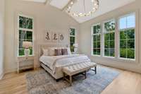 Stunning Private main Floor Owner’s Suite w/vaulted Ceiling and Walls of Windows