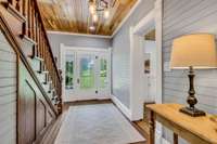 IMPRESSIVE Entry Foyer Glass Front Door w. Sidelites + Real Hardwood Floors Wood Plank Ceiling