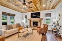 STATEMENT Making Home Great Room w/ Fireplace + Hewn Chestnut Mantle