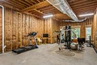 The owners use one wing of the basement as their exercise room.