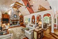 The dining room flows directly into the living room with its beautiful vaulted ceiling.