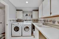 2nd floor laundry area with sink and extra storage. Washer and dryer convey.