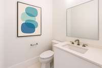 Patio accessible powder room with digital staging