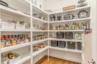 Walk-in pantry with plenty of built-in shelving for storage!