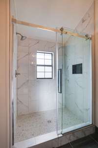 Full bath attached to upstairs / 2nd primary bedroom - beautifully tiled large shower