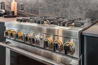 Upgraded Jenn Aire Rise series appliances -- note the gold detail on the burners and burner controls