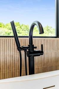 Matte black plumbing fixtures throughout the primary bath