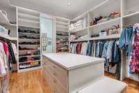 "Her" Walk-in Closet with Island and Bench