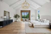 The white oak insert surrounding the window provides warmth and character to the space with a view of the backyard pool.