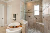 A wonderful soaking tub and extra large shower with 2 heads and a rain shower head!!