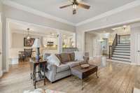 Family room with gas log fireplace.