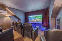 Theater room that seats 8.  Surround sound.  New Projector installed July of 2024.  Plays DVD, Blu-ray and TV for those football games in the future.  Have a party.