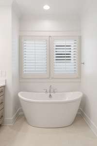 Luxurious standalone tub in primary bathroom.