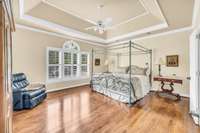 Now take a long breath and walk into this beautiful main level primary bedroom.  Note the tall tray ceiling and lovely windows and hardwood floors.