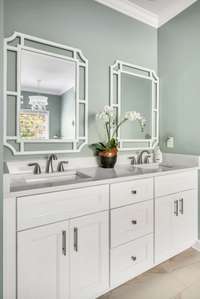 Double vanity with quartz counters.