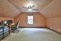 The additional room upstairs is currently used as a home office. It features a ceiling fan and tree-top views.