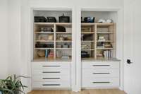 built in drawers and shelving to keep crafts tidy