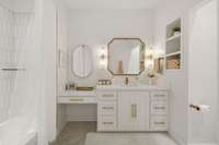 Private bath with lighted make up vanity