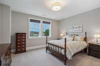 Also located on the Upper Level, this Bedroom includes plush carpet, drum light, fabric roman shades and walk-in closet.