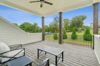 Relax on one of the 3 covered outdoor areas. This covered deck opens from the upstairs bonus room and overlooks the backyard.