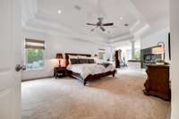 Oversized Primary Bedroom with seating area, tray ceiling, and fireplace.