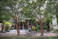 Another patio area shaded under two beautiful mature Crape Myrtle trees.