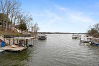 This photo was taken in the Winter to depict the water level during the off-season. During the Summer months, the water level is 13' deep. This quiet cove with views of the main channel provide a safe place to swim with friends.